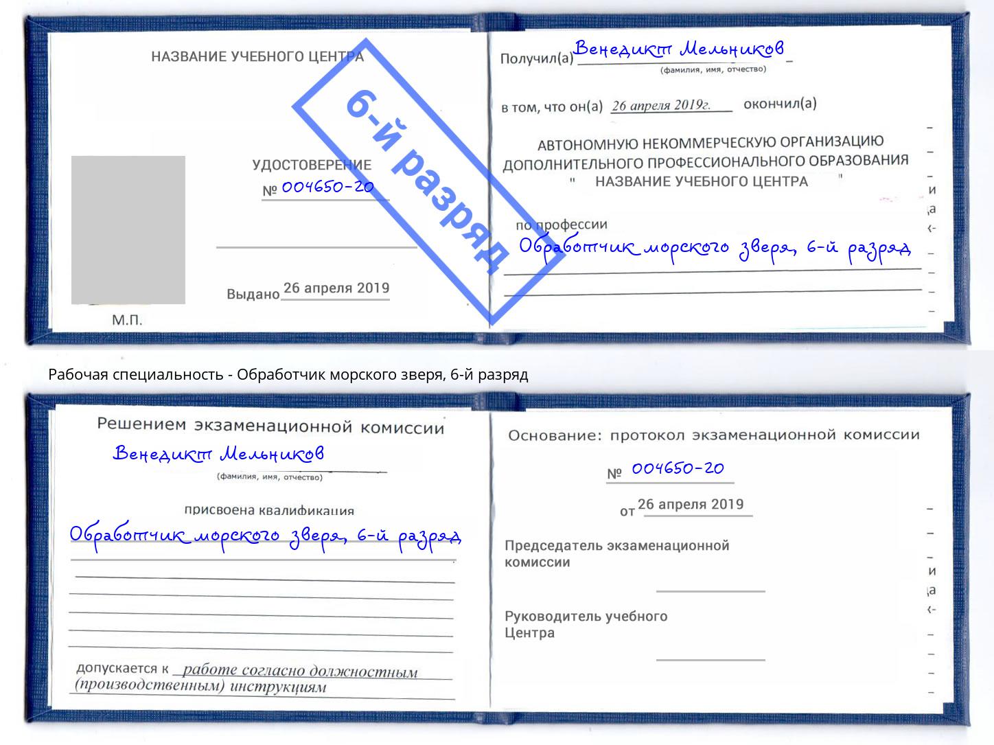 корочка 6-й разряд Обработчик морского зверя Ялта