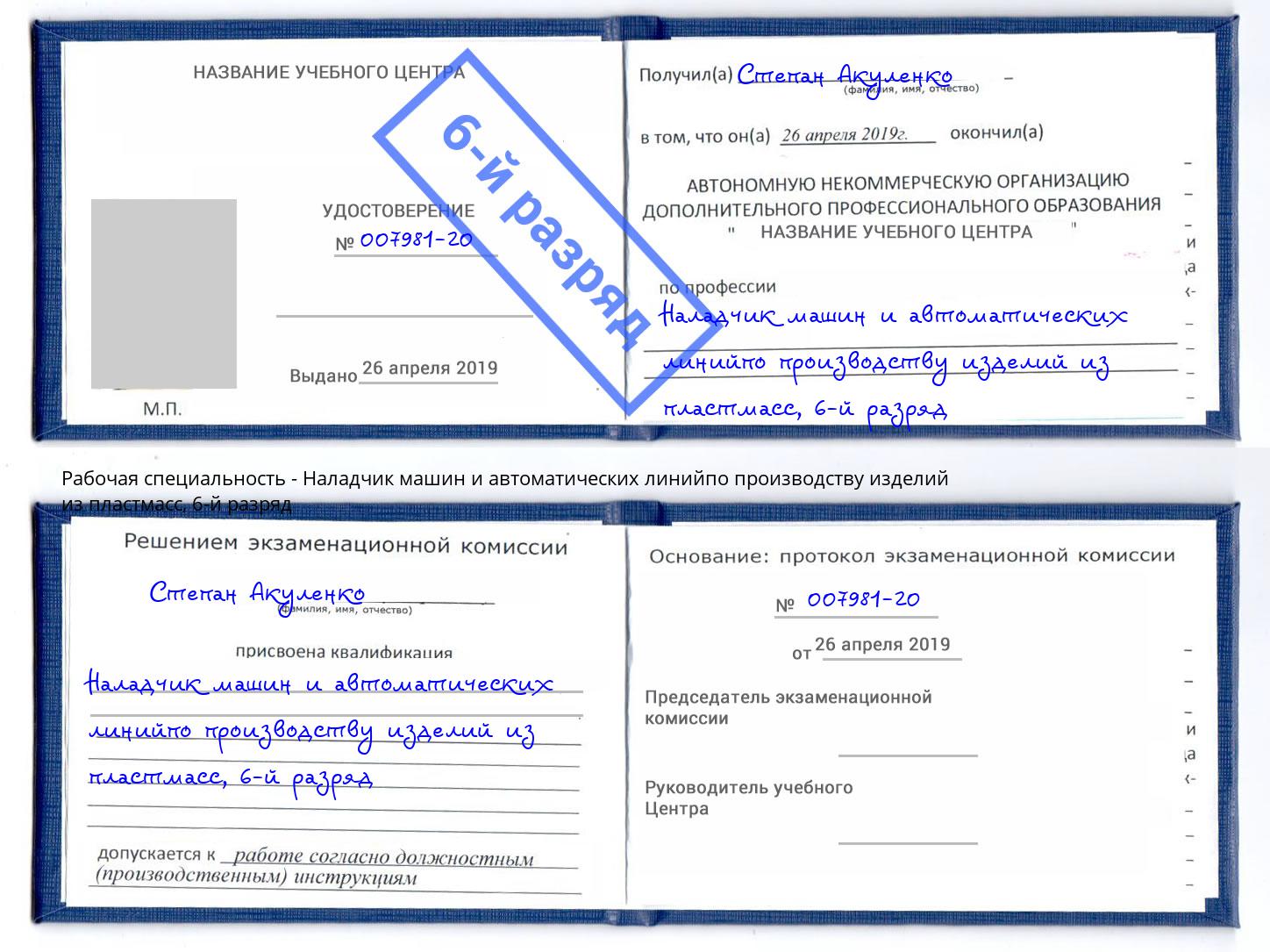 корочка 6-й разряд Наладчик машин и автоматических линийпо производству изделий из пластмасс Ялта